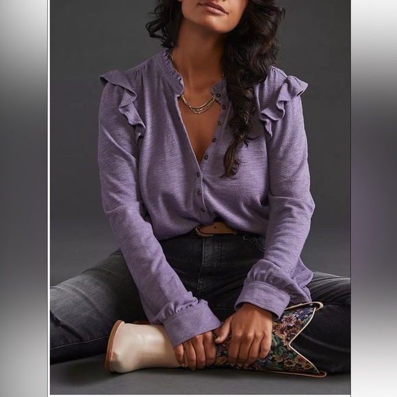 Pilcro Tops - Pilcro Women’s Top Shirt Ruffled Henley Long Sleeve blouse cotton purple Medium
